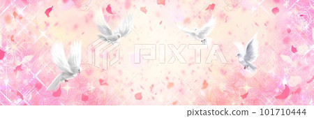 Lucky, a white dove, a symbol of peace, flies away from a rose garden. Wide size pink background illustration 101710444