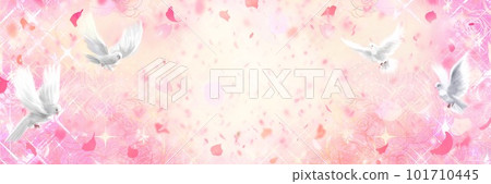 Lucky, a white dove, a symbol of peace, flies away from a rose garden. Wide size pink background illustration Lucky, a white dove, a symbol of peace, flies away from a rose garden. Wide size pink background illustration 101710445