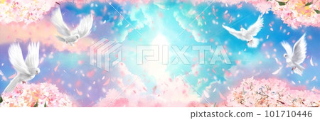 天堂的幻想背景插圖，另一個世界的入口在櫻花盛開的框架中閃耀著光芒，櫻花花瓣和白鴿在跳舞 101710446