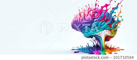 Virtual brain with splash paint isolated on white banner. Brainstorm concept. Place for text. Generative AI Virtual brain with splash paint isolated on white banner. Brainstorm concept. Place for text. Generative AI 101710584