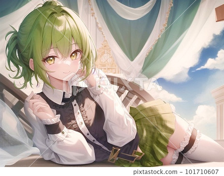 Beautiful girl green hair short cut 101710607