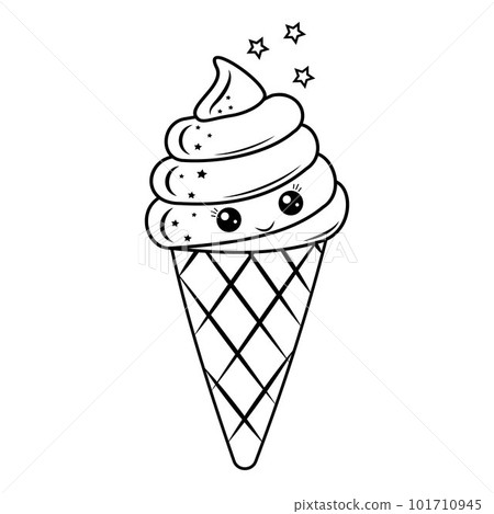 Ice cream dessert kawaii in a waffle cup, black outline, vector illustration in doodle style Ice cream dessert kawaii in a waffle cup, black outline, vector illustration in doodle style 101710945