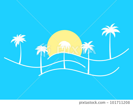 Line landscape outline with palm trees and rising sun on a blue background. Summer tropical landscape in a minimalist style. Design for printing t-shirt and banner. Vector illustration Line landscape outline with palm trees and rising sun on a blue background. Summer tropical landscape in a minimalist style. Design for printing t-shirt and banner. Vector illustration 101711208