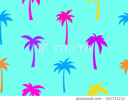 Palm trees seamless pattern. Summer time, tropical pattern with colorful palm trees. Design for printing t-shirts, banners and promotional items. Vector illustration 101711212