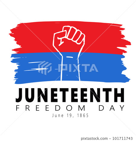 Juneteenth freedom day. Outline Clenched fist, raised hand on Red and Blue Textured Flag. Symbol of National African American Independence Day. History and heritage. Vector illustration on white 101711743