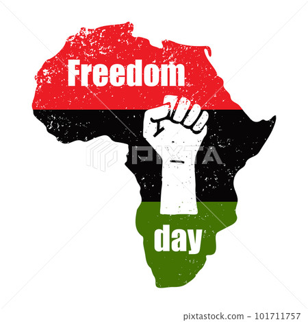 Textured Silhouette Of Africa In Colors Of The Black History Month Flag. A Clenched Fist Symbolizing Freedom Day and African American Independence Day. Vector Illustration Isolated On White 101711757