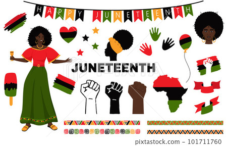 Set Of Elements For Juneteenth National Independence Day. African American History, Freedom Day Signs, Symbols. A Woman, A Clenched Fist, A Silhouette Of Africa. Vector Illustration Isolated On White 101711760