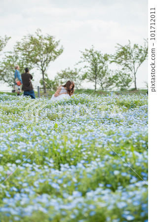 A woman taking a walk in a nemophila field A woman taking a walk in a nemophila field 101712011
