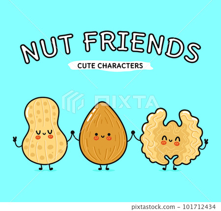 Cute, funny happy almonds, peanuts and Walnut. Vector hand drawn cartoon kawaii characters, illustration icon. Funny happy cartoon almond, peanut and Walnut mascot friends concept 101712434