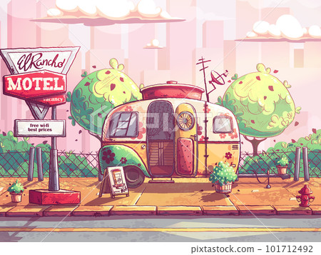 A multi-colored trailer-motel on a footpath near the park A multi-colored trailer-motel on a footpath near the park 101712492