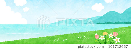 華麗的草地和水邊自然景觀夏季水彩背景圖 101712667