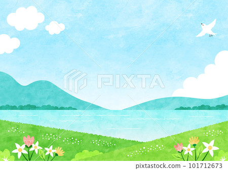 Flowery meadow and waterside natural landscape Summer watercolor background illustration Flowery meadow and waterside natural landscape Summer watercolor background illustration 101712673