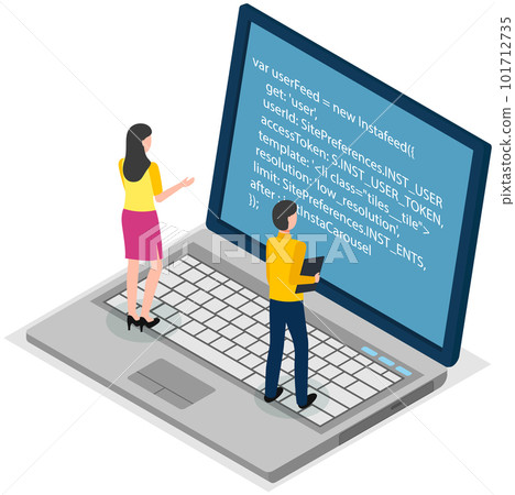 People looking at laptop screen with program code. Programmers coding new project on laptop 101712735