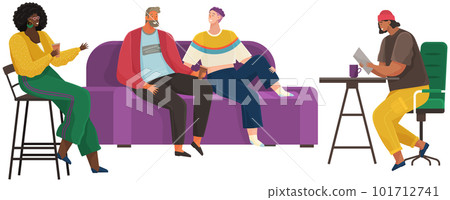 Characters giving interview to female journalist. Live report with guests of radio station Characters giving interview to female journalist. Live report with guests of radio station 101712741