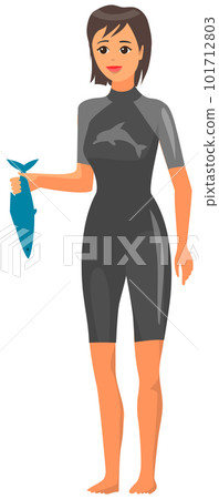 Trainer in wetsuit holds fish to feed marine animal. Worker of dolphinarium in waterproof clothing 101712803