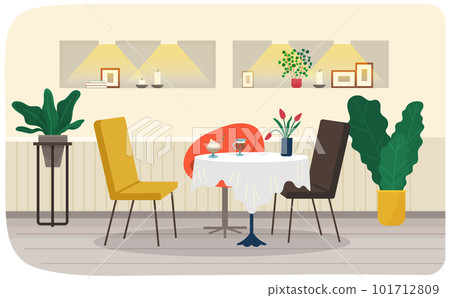Chairs near single table with tablecloth in cafe. Coffeeshop interior with dessert and coffee Chairs near single table with tablecloth in cafe. Coffeeshop interior with dessert and coffee 101712809