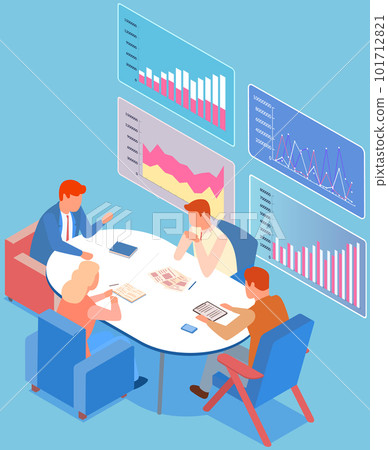 Employees analyze statistical indicators, business data. Characters work with marketing research Employees analyze statistical indicators, business data. Characters work with marketing research 101712821