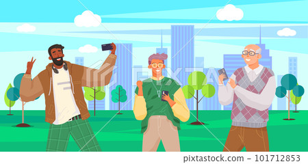 People of all ages use smartphones for their purposes. Characters chat, take selfies and communicate 101712853