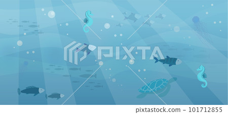 Underwater fauna with fishes, seaweed, sea horses, mantas, turtles. Ocean bottom with marine life 101712855