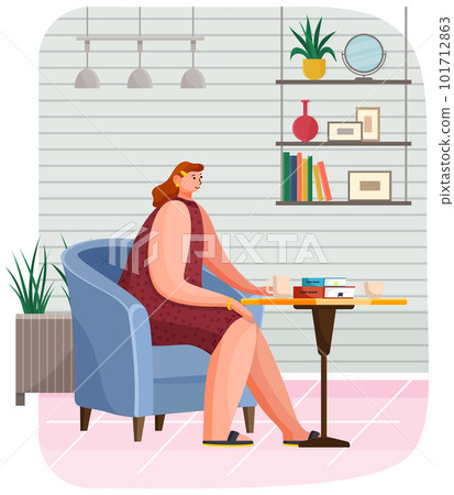 Woman sitting on armchair, relaxing after work. Female character at table with coffee and books 101712863