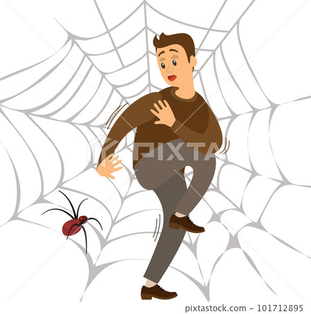 Fear of spider. Man frightened by spinner, guy suffering from arachnophobia, human fear concept 101712895