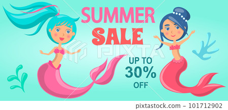 Summer sale with mermaid at sea. Advertising banner with underwater life. Seasonal closeout poster 101712902