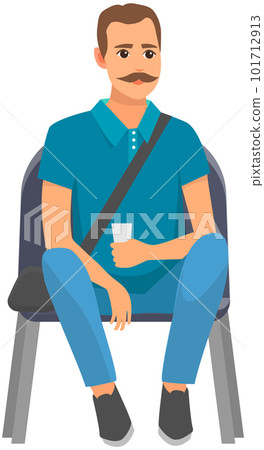 Mustachioed man on seat looking at something. Spectator sitting in viewer place and drinking 101712913