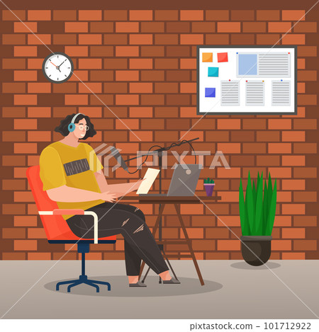 Podcaster talking to microphone recording podcast. Person works at radio station, broadcasts live 101712922