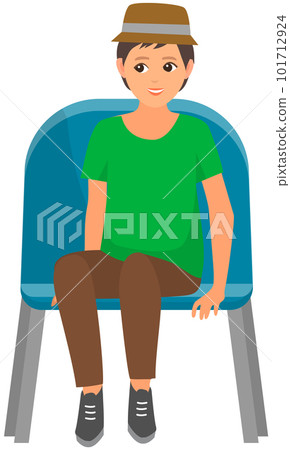 Smiling boy in audience, spectator sitting on viewer place, watching show, looking at something 101712924