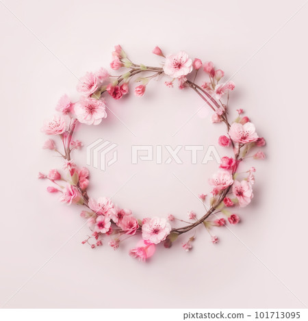 Different small flowers in a wreath on pink background with copy space. Abstract natural floral frame layout with text space. Romantic feminine flatlay. Wedding, International Women day, Mother Day 101713095