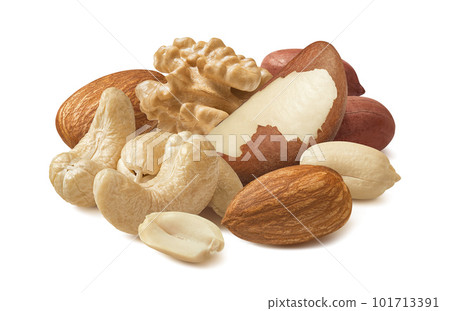 Walnut, cashew, almond, peanut and brazil nuts isolated on white background Walnut, cashew, almond, peanut and brazil nuts isolated on white background 101713391