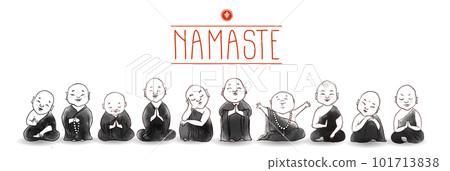 Cute buddhist monks hand drawn with ink on white background. Traditional oriental ink painting sumi-e, u-sin, go-hua. Illustration with japanese deity Jizo. Hieroglyph - happiness. Cute buddhist monks hand drawn with ink on white background. Traditional oriental ink painting sumi-e, u-sin, go-hua. Illustration with japanese deity Jizo. Hieroglyph - happiness. 101713838