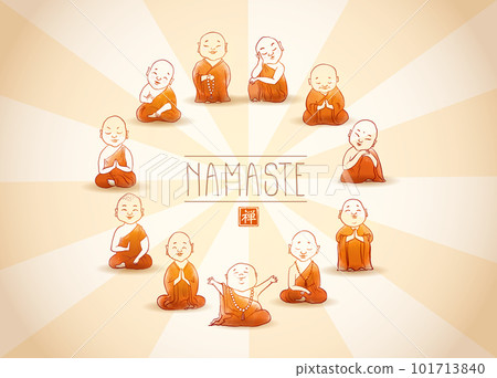Cute buddhist monks wearing orange robes in circle. Traditional oriental ink painting sumi-e, u-sin, go-hua. Illustration with Jizo japanese deity. Cute buddhist monks wearing orange robes in circle. Traditional oriental ink painting sumi-e, u-sin, go-hua. Illustration with Jizo japanese deity. 101713840