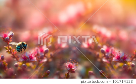 Multicolored cosmos flowers in meadow in spring summer nature . Selective soft focus on Flying Bumblebee landing to flower. Wildlife scene from nature Multicolored cosmos flowers in meadow in spring summer nature . Selective soft focus on Flying Bumblebee landing to flower. Wildlife scene from nature 101714138