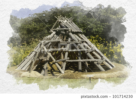 水彩風格 Tsumaki Banda 遺址修復土屋頂坑住宅鳥取縣大山鎮 101714230