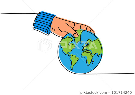 Man hand throwing a world map colored one line continuous drawing. Recycling waste, ecology continuous one line colorful illustration. 101714240