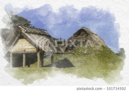 水彩風格的 Tsumaki Banda 遺址 復原的帶土屋頂和高架地板倉庫的坑式住宅 鳥取縣大山町 101714302