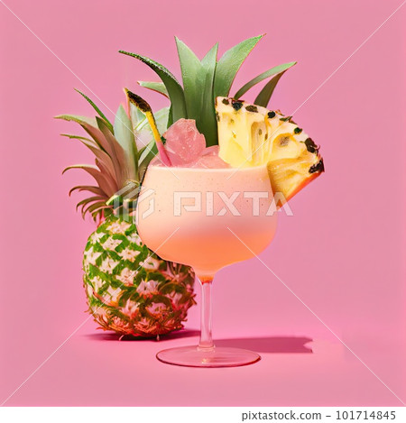 Ananas Margarita Cocktail on Pink Background, Pineapple Mocktail, Party Coctail, Abstract Generative AI Illustration 101714845