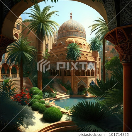 Arab Palace Garden View, Grand Hamam, Hotel, Luxurious Oriental Interiors, Abstract Generative AI Illustration 101714855