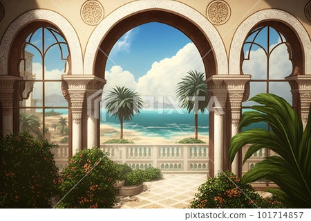 Arab Palace Sea View, Grand Hamam, Hotel, Luxurious Oriental Interiors, Abstract Generative AI Illustration 101714857