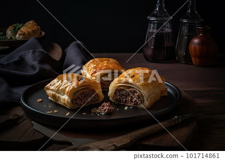 Argentine Meat Pastries, Beef Filled, Cheese Stuffed Pie, Baked Empanadas, Abstract Generative AI Illustration 101714861