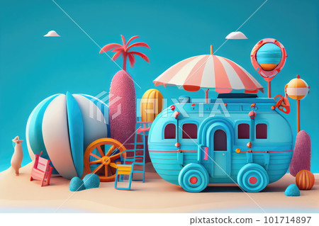 Beach Vacation, Blue Sea, White Sand, Relax Tropical Background, 3d Imitation, Abstract AI Generative Illustration 101714897