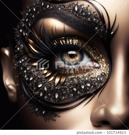 Eye with Super Black Gold Makeup, Beautiful Luxury Woman Eye, Vantablack Makeup, Generative AI Illustration Eye with Super Black Gold Makeup, Beautiful Luxury Woman Eye, Vantablack Makeup, Generative AI Illustration 101714923