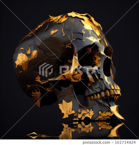 Gold Black Skull, Gothic Human Skeleton Face, Luxury Skull on Dark Background, Generative AI Illustration 101714924