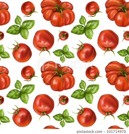 Seamless hand drawn pattern with red tomatoes, cherry tomatoes and basilic. Vegetable background for textiles, fabrics, wrapping paper, and other designs. On white background 101714978