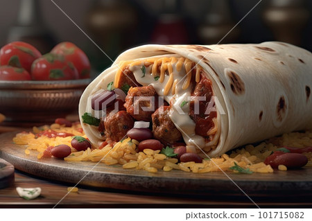 Burrito Wrap, Traditional Mexican Burritos, Meat Vegetables Tortilla, Abstract Generative AI Illustration 101715082