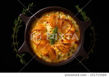 Baked Julienne with Mushrooms and Chicken, Casserole Mushrooms Gratin, Abstract Generative AI Illustration Baked Julienne with Mushrooms and Chicken, Casserole Mushrooms Gratin, Abstract Generative AI Illustration 101715089