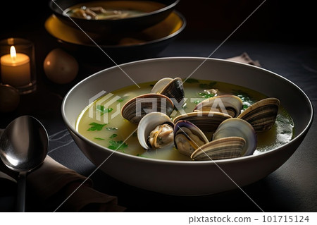 Mussel Soup, Clam Chowder, Shellfish Dinner With Clams, Seafood Meal Bowl, Abstract Generative AI Illustration Mussel Soup, Clam Chowder, Shellfish Dinner With Clams, Seafood Meal Bowl, Abstract Generative AI Illustration 101715124