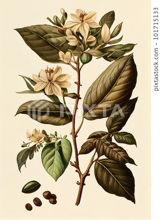 Coffee Plant Botanical Illustration, Coffee Branch with Fruits and Flowers, Abstract Generative AI Illustration Coffee Plant Botanical Illustration, Coffee Branch with Fruits and Flowers, Abstract Generative AI Illustration 101715133