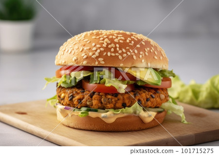 Vegetarian burger, with a homemade patty made of chickpeas, lentils, and vegetables with avocado, lettuce, tomato, and melted cheese Vegetarian burger, with a homemade patty made of chickpeas, lentils, and vegetables with avocado, lettuce, tomato, and melted cheese 101715275